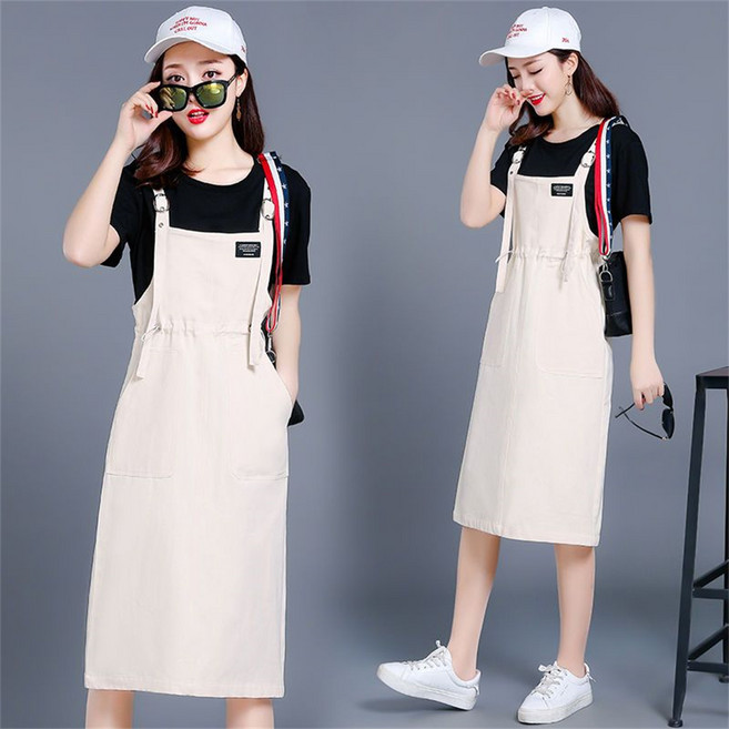 besteffie 여성용 캐주얼 봄 여름 면 소재 허리 조절 가능한 앞주머니 멜빵 원피스 하객원피스 K71