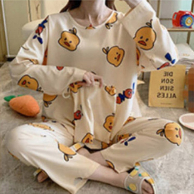 여성용 가을 라운드넥 잠옷 편안한 순면 겨울 긴팔 파자마 체크