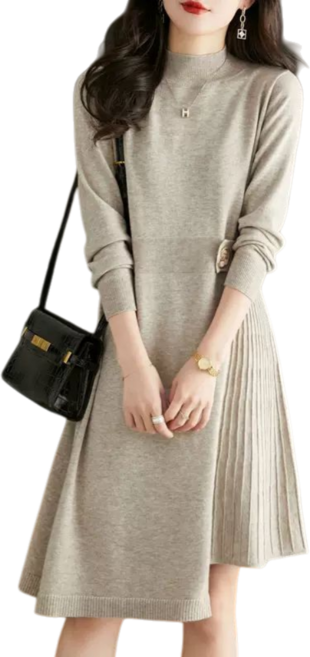 Makone 여성 반폴라 언발 측면 플리츠 심플 니트 원피스