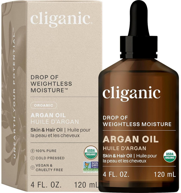 클리가닉 유기농 아르간 오일 100% 퓨어 다용도 천연 보습 헤어 피부 오일, 1개, 120ml