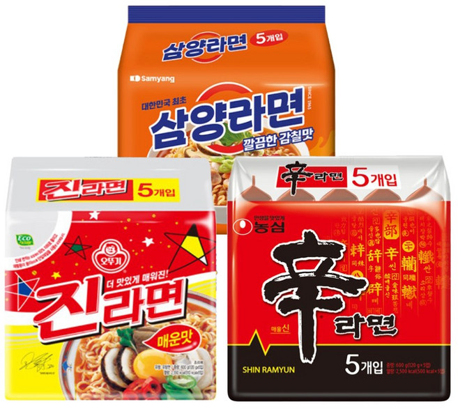 비빔면5개 틈새라면5개 신라면5개 진라면(매) 5개 삼양라면 5개 25입 세트 55, 15개