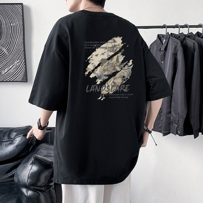 남자 오버핏 프린팅 반팔 티셔츠 코튼 반팔 티셔츠