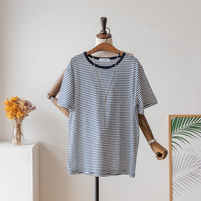 코코세븐 여성 빅사이즈 썸머 단가라 라운드 반팔 티셔츠