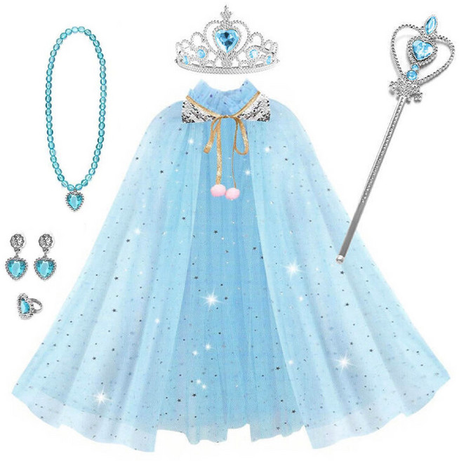 [청춘교복] 공주 생일 파티 용품 5종세트+망토 축하 브라이덜샤워 연말 선물 소품 프린세스 코스튬 주얼리 왕관 요술봉 목걸이 액세사리, 1개, 스카이