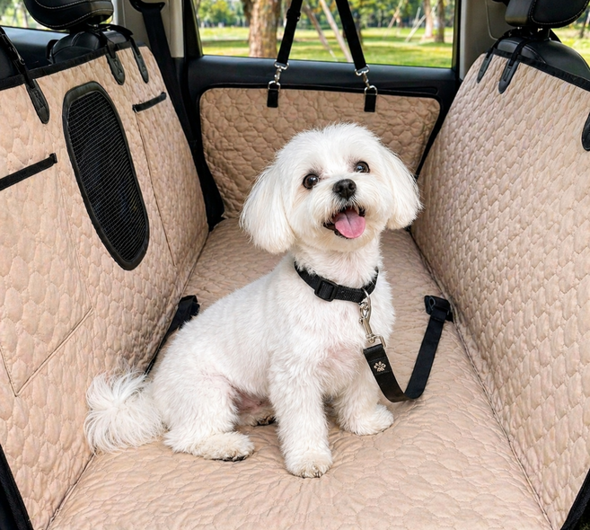 테노라 프리미엄 PU가죽 대형견 카시트 차량용 강아지 뒷좌석 풀커버 방수 애견 시트, 샌드 베이지, 1개