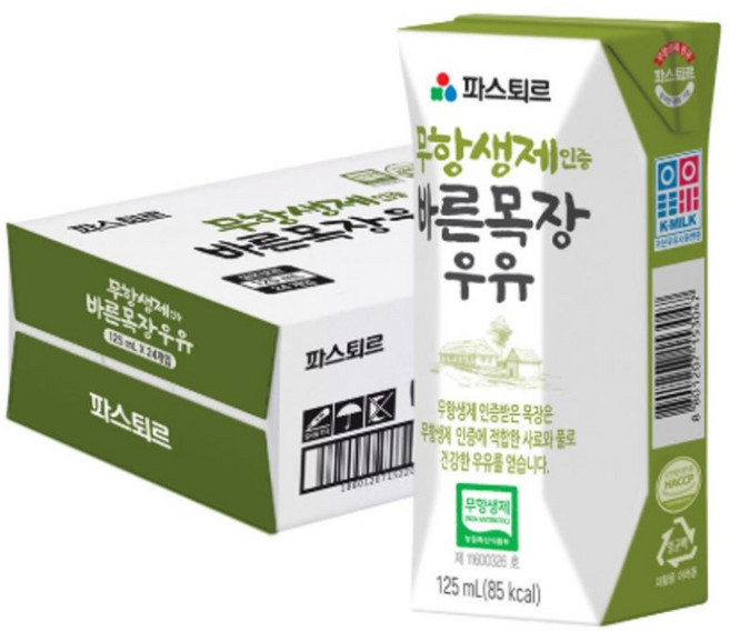 파스퇴르 무항생제 인증 바른목장 우유, 125ml, 240개