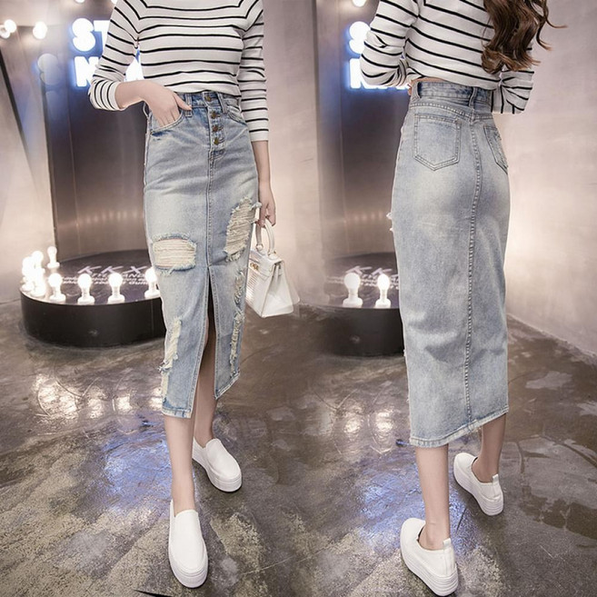 SAMARA 데님 청스커트 찢청 찢어진 청치마