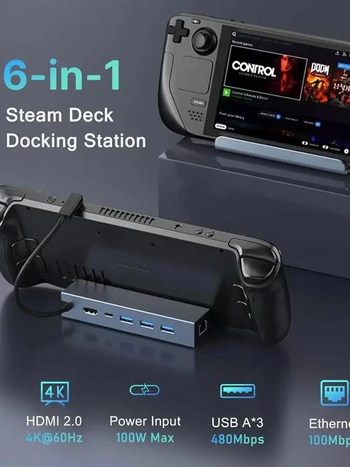 스팀덱/ROG Ally용 6 in 1 도킹 스테이션 HDMI 4K 100Mbps RJ45 이더넷 3개 USB 2.0 및 PD 지원 C, 01 검정색