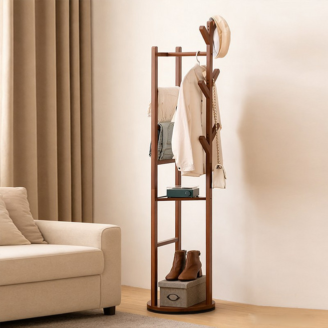 쿠리브 원목색 회전 행거 튼튼한 대나무 스탠드 옷걸이행거, 월넛