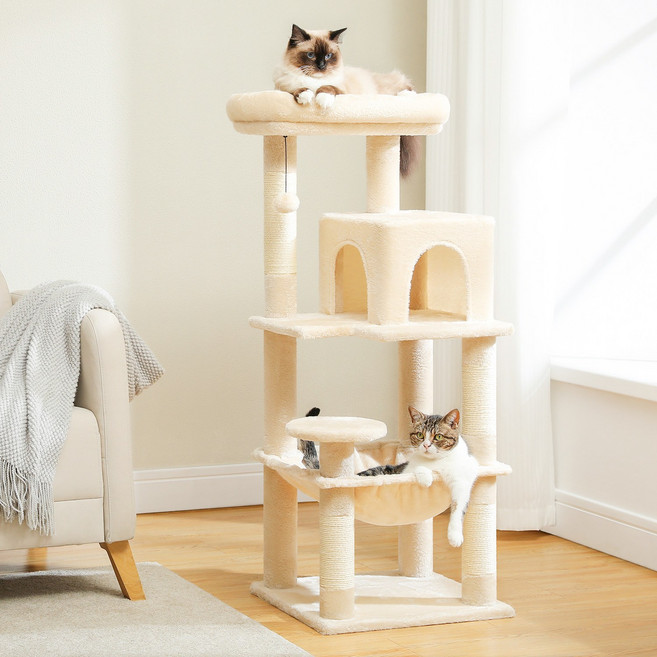 PAWZ Road 5단 심플 다색 중대형 플러시 패브릭 캣타워 대형 해먹+뚱냥이 숨숨집+전망대, 베이지, 1개