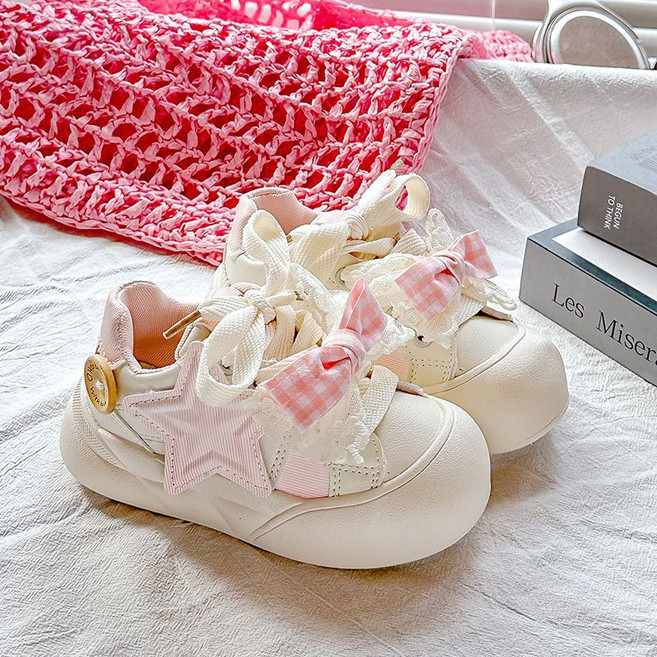 女童厚底增高蝴蝶結圓頭小白鞋 童鞋防滑時尚軟底運動, 1個, 粉色-單里32碼 內長9.5CM