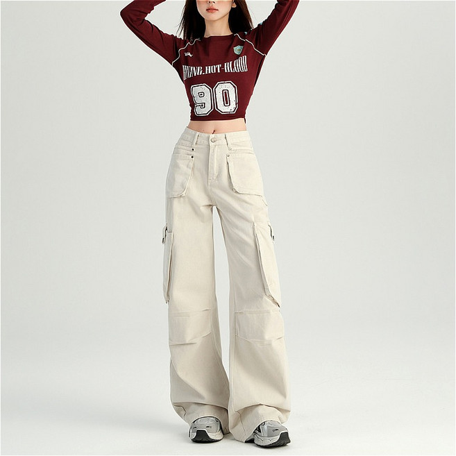 SAHINER 여성 봄가을 카고 팬츠 루즈핏 와이드 긴바지 포켓 BKZ01