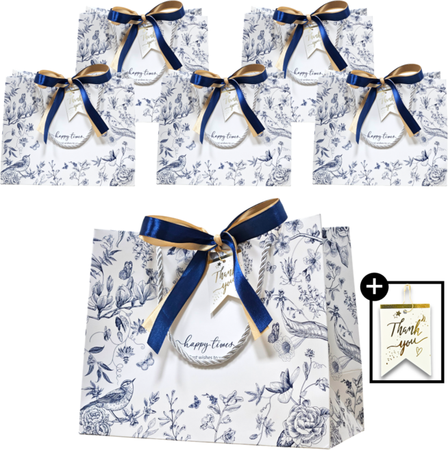 라네핏 플라워 패턴 리본 선물용 포장용 고급형 종이 쇼핑백, 6개, 블루