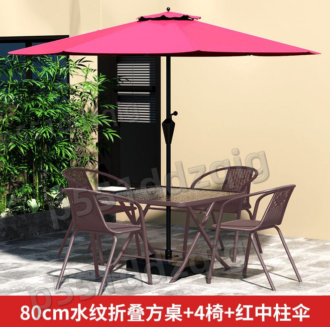 80cm 黑色玻璃圓桌+4椅+香蕉傘, 80水紋折疊方桌+4椅+中柱傘