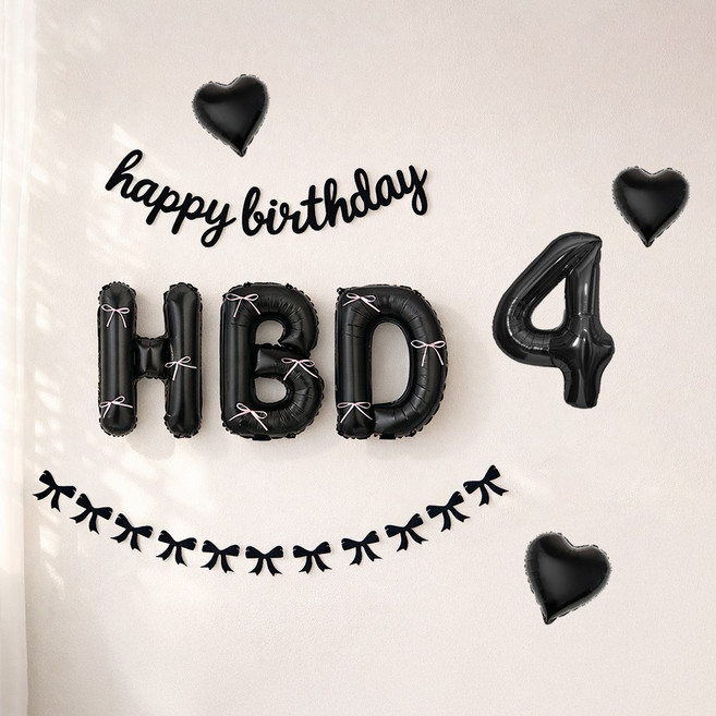 해피제이니 HBD 이니셜 생일 호일풍선 블랙 리본 생일가랜드 파티용품 세트, 1세트, 블랙풀세트 숫자4