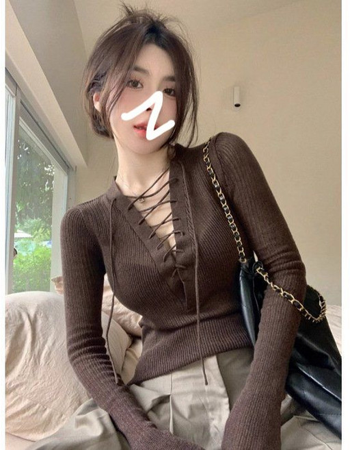 티류으스 여성 시스루 메쉬 v넥 긴소매 슬림핏 섹시한 니트 티셔츠 여행룩 홀복 데일리 ZH