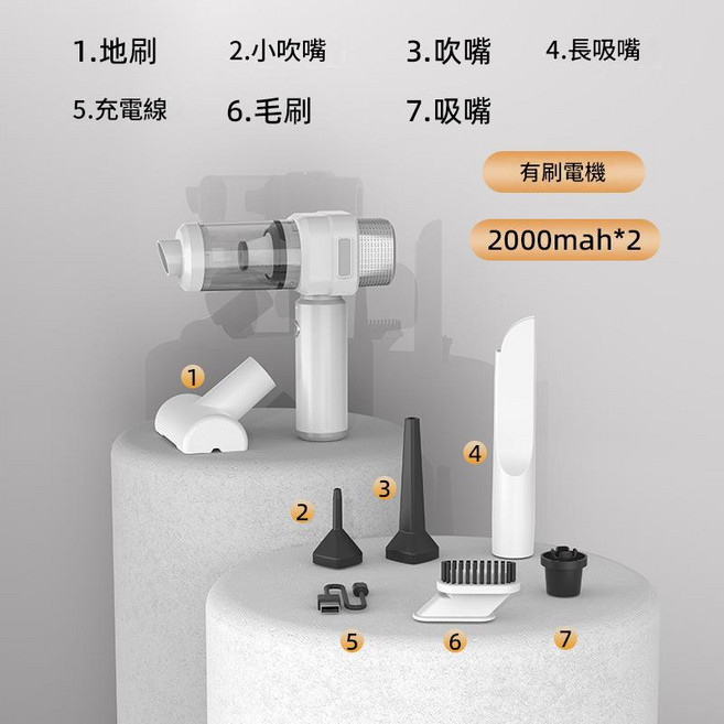數顯無線吸塵器 吹吸抽一體手持車載家用寵物吸毛, 3103 - A - 基礎款 - 有刷電機 2000mah*2 - 白色, 如圖