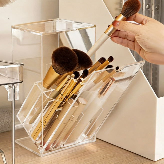 프리라이프 대용량 메이크업브러시 정리함 브러쉬 먼지차단 투명 보관함 립스틱 화장품 수납 케이스, 1개, 투명 백색