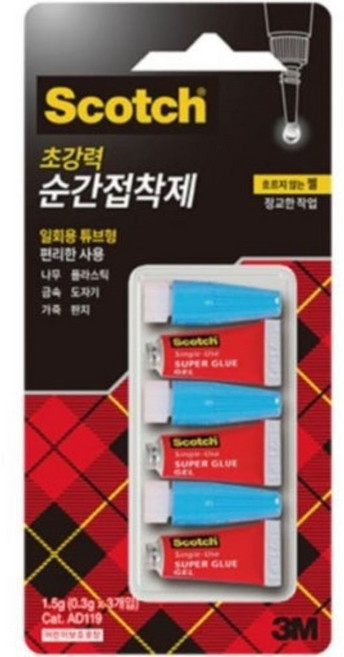 3M 스카치 초강력 순간접착제 일회용 튜브형 AD119 젤타입 0.5gX3입, 1개