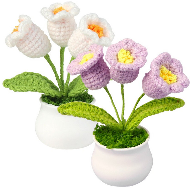 디어플레이스 니트 크로쉐 화분 장식 인테리어 2종 세트, 1개, 화이트 & 퍼플 은방울꽃