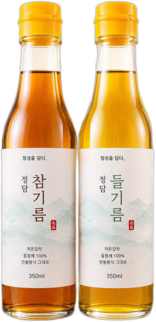 정담 (착유) 저온압착 참기름 들기름 세트 2종 100% 통참깨 명절선물 답례품, 1개, 350ml