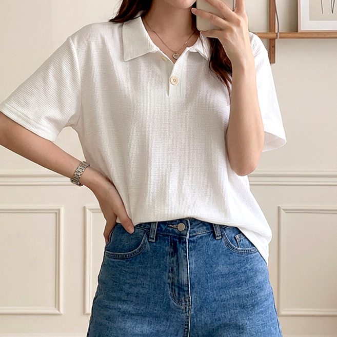 레일라 여성용 와플 카라 반팔 티셔츠 S25SMT052114