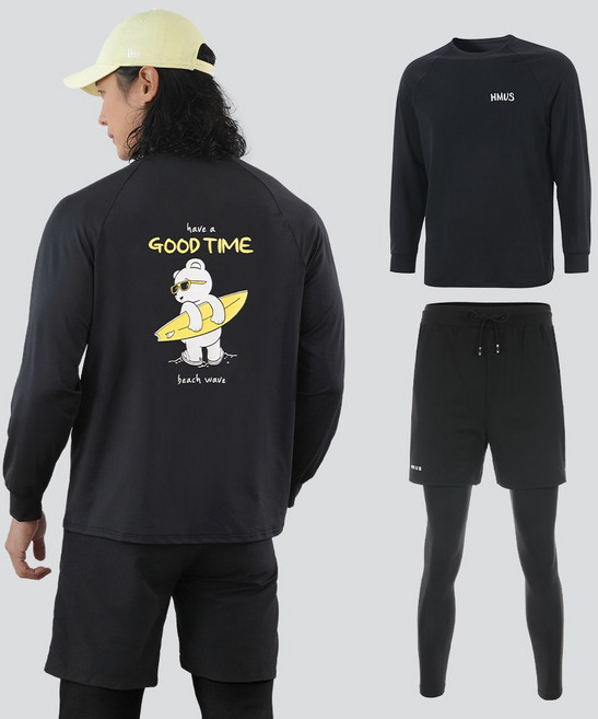 남자 루즈핏 긴팔 래쉬가드 상의 + 반바지 레깅스 하의 팬츠 세트 비치웨어 체형커버 자외선차단 휴양지 바캉스룩