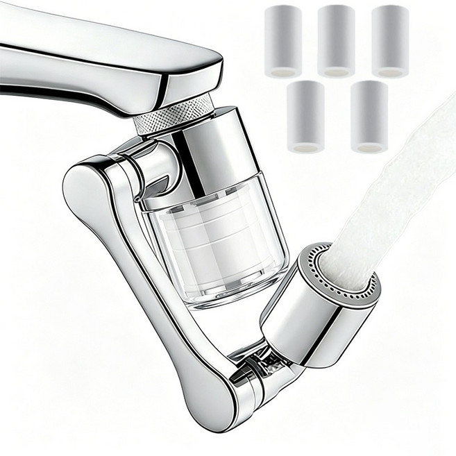 Ataasha 세면대 수도꼭지 헤드 1440도 회전 워터탭 + 교체 필터 5p세트, 1세트