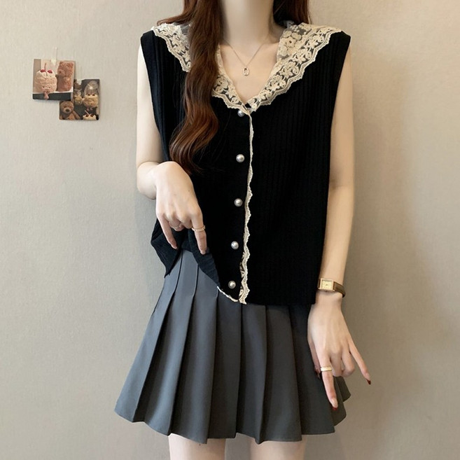 여름 여성 캐주얼 레이스 후드 패치 조끼 아이스 니트 민소매 베스트