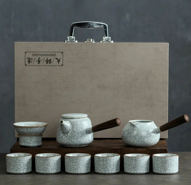 月白汝窯雙側把高端茶具套裝 10頭套裝 禮盒, 如圖所示, 1個