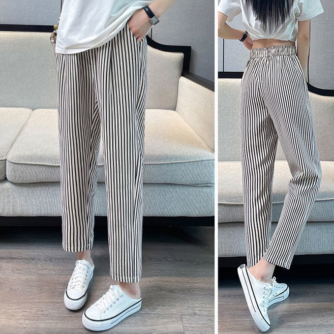 (세일 추천) 85kg까지 빅사이즈 여성 스트라이프 아이스 하이웨이스트 배기 팬츠 9부 팬츠 여름 편한 심플 드레이프 모던 배색 디자인 퀵드라이 캐쥬얼 날씬해보이는 데일리 바지