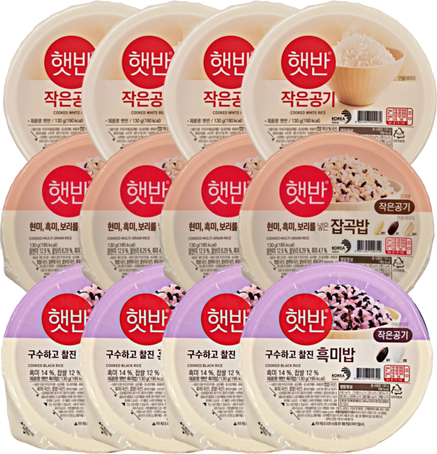 CJ 건강 햇반 작은공기 신제품 3종 혼합 (백미 + 잡곡밥 + 흑미밥) 캠핑 자취 식단 조합 즉석밥, 12개, 130g