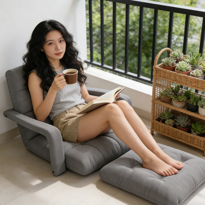 좌식 의자 1인용 소파 등받이 좌식의자 좌식 소파 접이식 리클라이너 발쿠션 허리쿠션 포함, 그레이, 1개