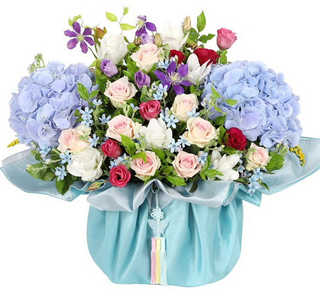 (오늘도착) 99플라워 풍성한 꽃바구니 "청량한 수국바구니" ST-A1900 - 생일 기념일 결혼기념일 당일꽃배달 전국당일배송 생화, 1개