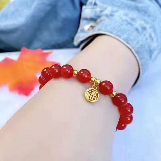 紅珠串珠手鍊 金色福字吊墜 情侶閨蜜手鍊 質感飾品