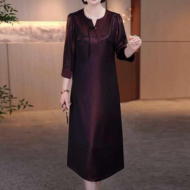 珍珠緞連衣裙 媽媽優雅氣質禮服裙, 紫色,3XL 建議80.0-90.0公斤