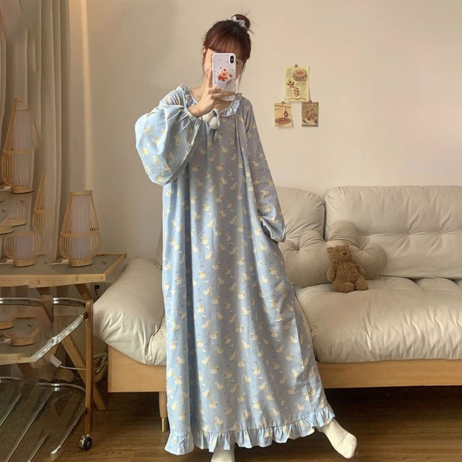 Skyciky 루즈핏 긴팔 여성용 캐주얼 카툰 원피스 잠옷 봄가을 홈웨어 GG838