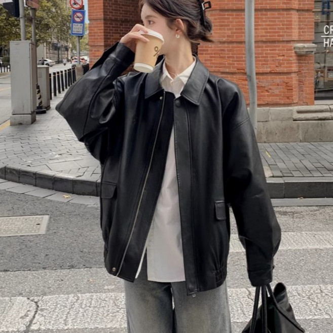 핏몬 여성 오버핏 인조 가죽 레더 자켓 간절기 빅사이즈 점퍼