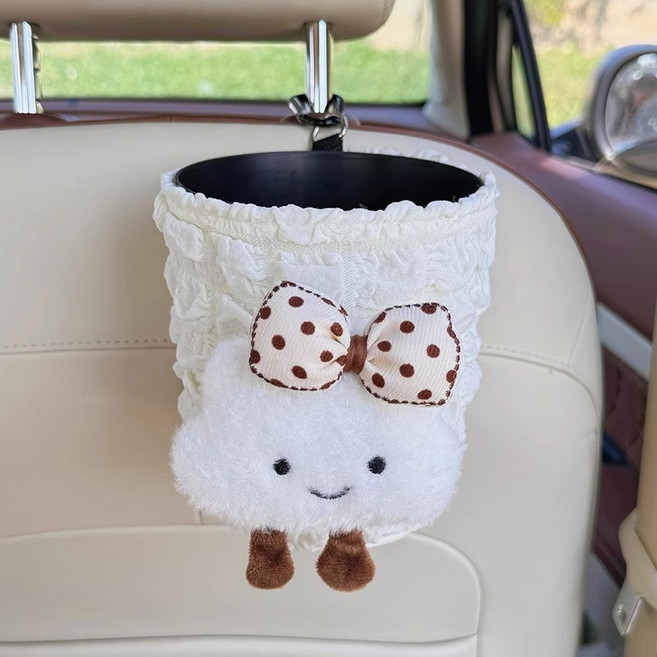 MIROSE 차량용 구름 캐릭터 휴지케이스 휴지통 수납걸이 정리 수납세트, 1개, 땡땡이리본 휴지통