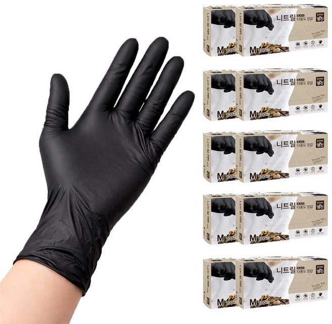 명진 튼튼한 니트릴 다용도 일회용장갑 100매 10개입, 1박스, M, 블랙