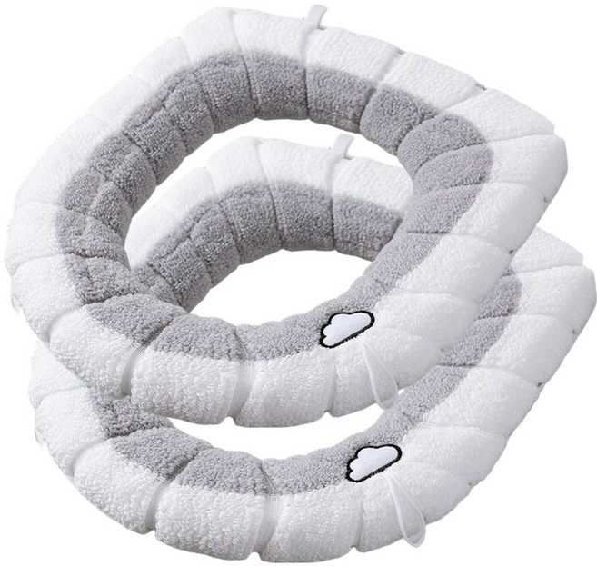 [1+1]따뜻한 극세사 보온 변기커버 쿠션 시트 손잡이, 1세트, 화이트그레이+화이트그레이