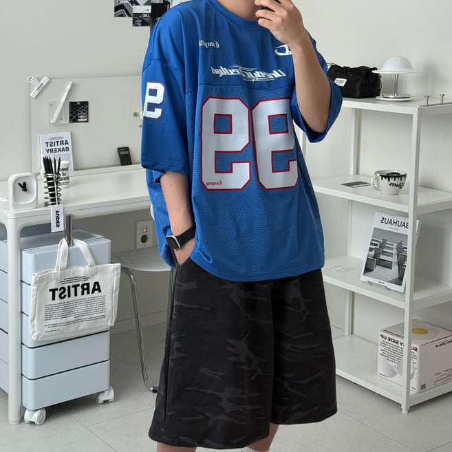 르위 블록코어 유니폼 져지 오버핏 브이넥 반팔 티셔츠 매쉬 럭비 풋볼 사커 스포티 반티 빅사이즈