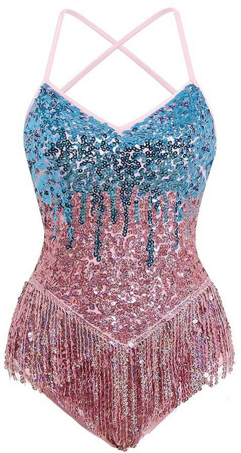 ABEHIK Sparkly Sequin Fringe Romper for Women: Sexy V-Neck Sparkly Tassel Mini Dress Latin Jazz A, Small, Blue Pink