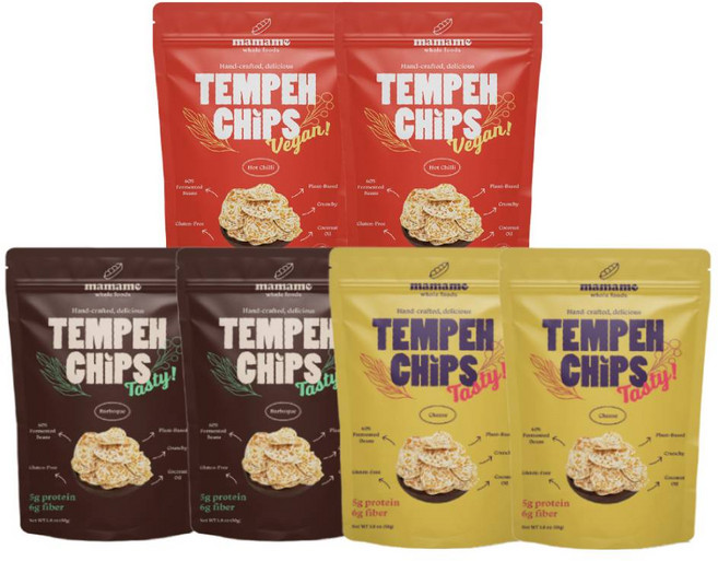 마마메 템페 칩스 바베큐 50g 2개 + 핫칠리 50g 2개 + 치즈 50g 2개 (총 6개), 6개