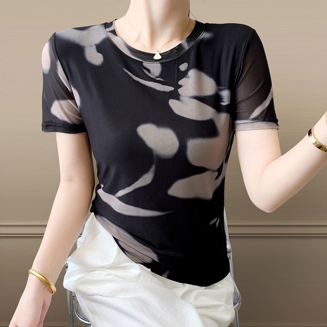 여성 프린트 라운드 슬림 반팔 티 라인 댄스복 상의