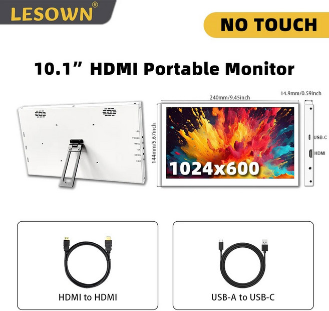 LESOWN 10 인치 미니 휴대용 HD PC용 컴퓨터 노트북 소형 윈도우 화면 터치 IPS 디스플레이 보조 1024X600 모니터, 01 Monitor with Support