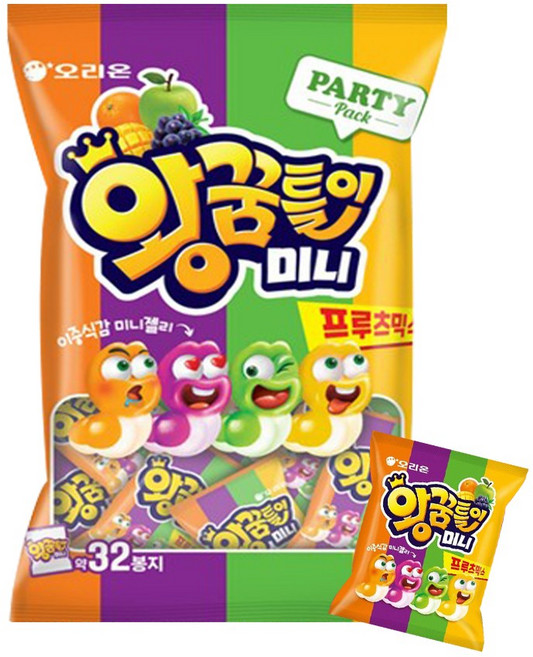 오리온 왕꿈틀이 미니 프루츠믹스 336g 과일젤리 파티팩 개별포장, 1, 10.5g
