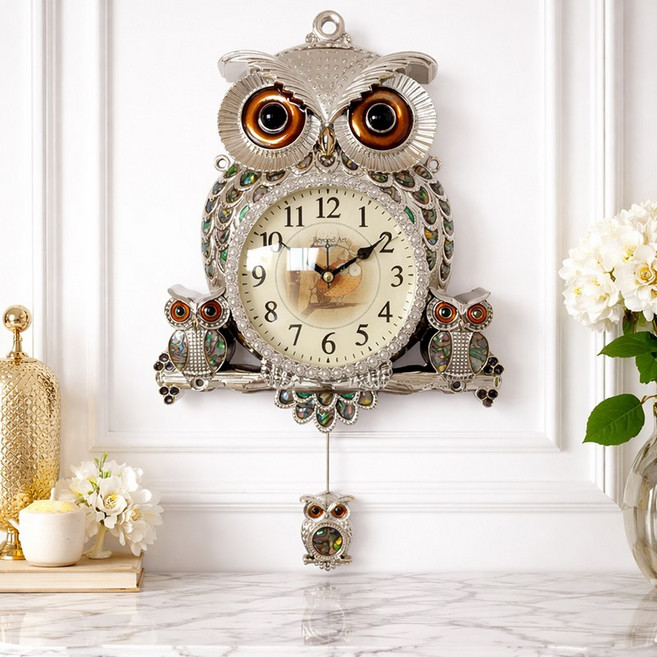 대박아트 자개진주 무소음 부엉이 추벽시계, 실버