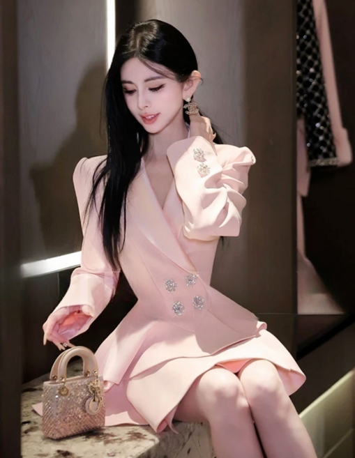 여성 봄 정장 원피스 퍼프소매 드레스 반짝이는 디테일 여자 프렌치 원피스 YLP