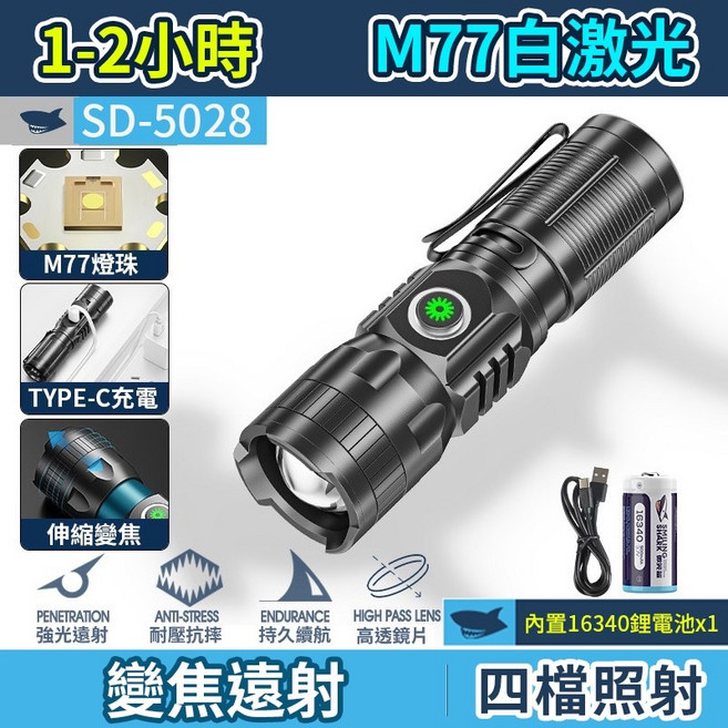 強光戰術手電筒 變焦伸縮筆夾手電筒, 1個, 微笑鯊原廠 SD-5028-M77, 黑色